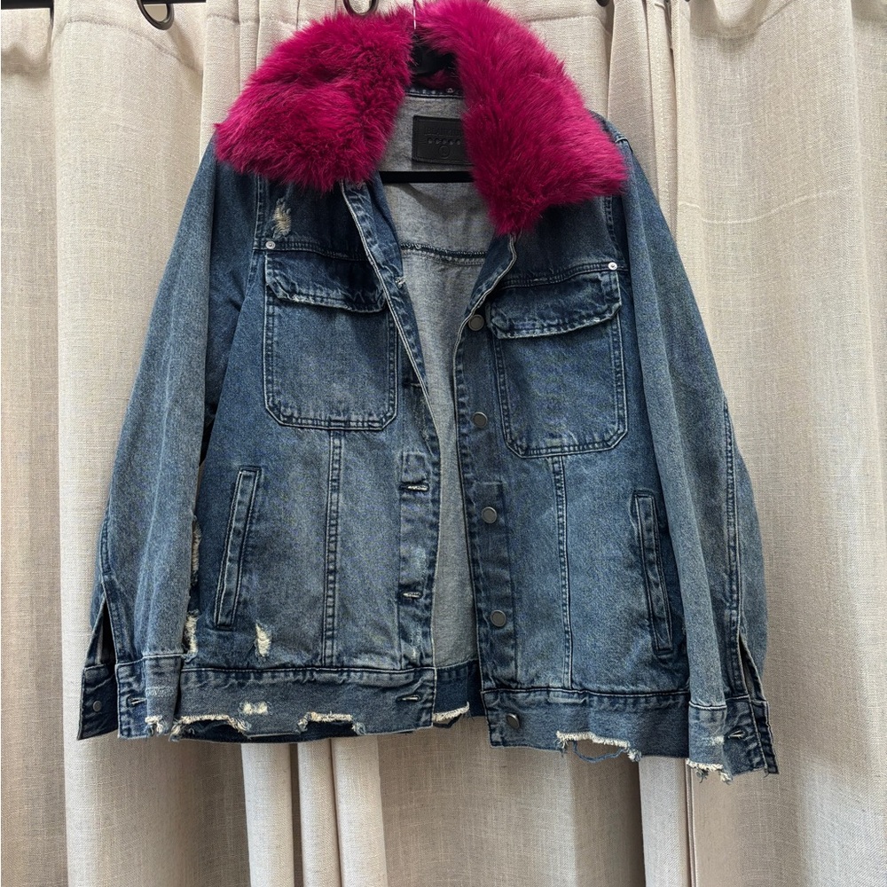 Blank NYC Blue and Pink Jean Jacket with Faux Fur Collar